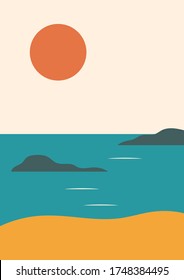 Simple vector landscape poster with hills, red sun, sea, vintage oriental style. Warm retro red, yellow, beige, green. Trendy vertical print for t-shirt, cover, decor. EPS10, editable.