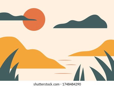 Simple vector landscape poster with hills, red sun, sea, vintage oriental style. Warm retro red, yellow, beige, green. Trendy horizontal print for t-shirt, cover, decor. EPS10, editable.