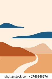 Simple vector landscape poster with a road going between hills in a desert. Royal blue, warm brown, beige, white colors. Trendy vertical print with copy space for t-shirt, cover, decor. EPS10