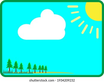 Simple vector landscape poster with   sun, trees, cloud, blue sky, vintage oriental style. Trendy horizontal print for t-shirt, cover, decor. EPS10, editable.