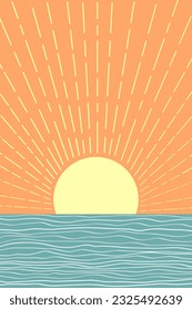 Simple vector landscape poster with sun, sea on rorizont. vector illustration in vintage style. Warm retro red, yellow. Fashionable horizontal printing for T-shirt, cover, decor. EPS10, editable.