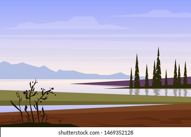 Simple vector landscape with river flowing through swampy wetland to large lake and distant mountains. Illustration of northern nature in flat style for website background