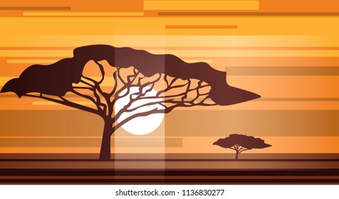 Simple vector landscape of savanna. Picturesque graphic illustration of natural scenery.