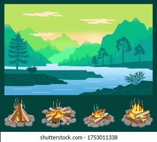 Simple vector landscape with silhouettes of trees, mountains near river. Set of four icons with different bonfire. Beautiful view of nature, nobody. Cartoon illustration of summer nature, evening time