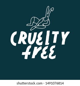 Simple vector lettering. Cruelty free concept. Illustration with funny rabbit. Minimalist inscription on navy background