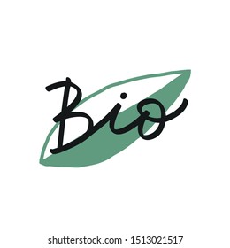 Simple vector lettering with the word Bio and green leaf.