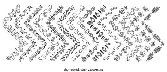 Simple Vector Line Art Autumn Pattern Brushes Collection with Corners. Floral decor collection. Different design elements for your fall projects.