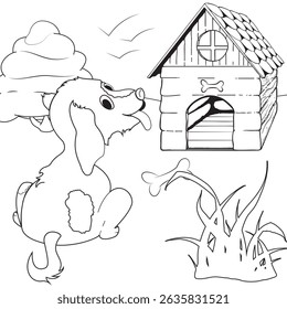 Simple vector line art coloring page: a cheerful cartoon dog looks at birds near a doghouse and bone in an outdoor scene.