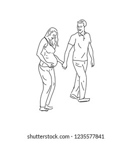 Simple vector line art drawing of two couples, pregnant wife, digital drawing