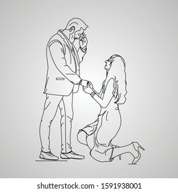 Simple vector line art drawing of girl proposing to boy for marriage, digital drawing