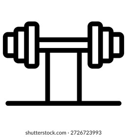 Ein einfaches Vektorgrafik-Symbol, das eine Hantel mit Gewichtheben darstellt, die sicher auf einem niedrigen Rack platziert ist und Krafttraining, Fitness und Fitnessgeräte für Gesundheits- und Wellnessanwendungen darstellt.
