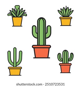 simple vector line art icons, cactus in pots isolated on a white background.