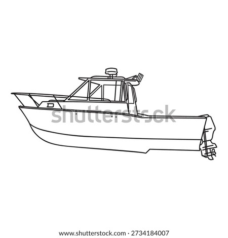 Simple vector line art illustration of a sport fishing boat or cabin cruiser with an outboard engine. Monochrome outline drawing isolated on white. Ideal graphic element for nautical themes, marine industry, or technical diagrams.