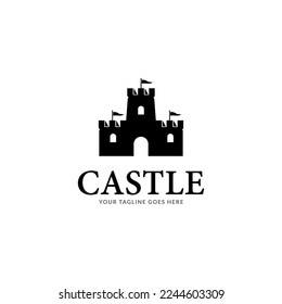 simple vector line art logo of medieval castle tower in round frame