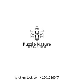 simple vector line art mountain landscape logo with puzzle iconic