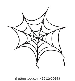 Simple vector line art spider web doodle in black isolated on white. Sketch illustration in doodle engraved vintage line art style. Happy Halloween design, horror, scary icon, sticker