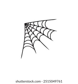 Simple vector line art spider web doodle in black isolated on white. Sketch illustration in doodle engraved vintage line art style. Happy Halloween design, horror, scary icon, sticker
