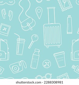 Simple vector line background about travel. Seamless pattern for wrap, package, scrapbooking.