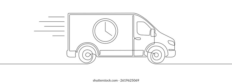 A simple vector line drawing of a delivery van with a clock symbol and motion lines, symbolizing fast delivery or time-sensitive services