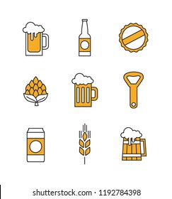 Simple Vector line flat beer icons with yellow color. Contains such Icons as wooden mug, bottle, hop, opener and more