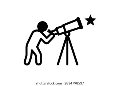 Simple vector line icon of a human figure observing the night sky using a tripod telescope with a star symbol nearby