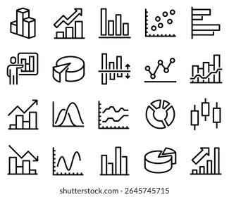 Simple vector line icon set with graph. Contains icons such as pie chart, graph, statistics, bar chart and more.