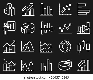 Conjunto de iconos de línea de Vector simple con gráfico. Contiene iconos como gráfico circular, gráfico, estadísticas, gráfico de barras y más.