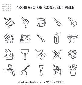 Iconos simples de línea vectorial. Contiene iconos como pincel, rodillo, espátula, pintura y más.