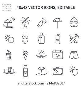Iconos simples de línea vectorial. En el tema de las vacaciones hay íconos como traje de baño, avión, piscina, paraguas, protector solar, bolsa, helado, vacaciones, vacaciones y más.