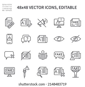 Simple vector line icons. On the topic of fake news, contain icons such as newspaper, fake news, news, fake, protest, fake documents, and more.