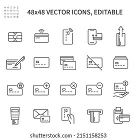 Iconos simples de línea vectorial. En el tema de las tarjetas de crédito se incluyen iconos como tarjeta bancaria, plástico, pago sin contacto, chip, terminal, terminal sin contacto, llamada telefónica, documentos y más.