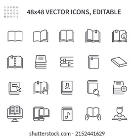 Simple vector line icons. On the theme of the book, contains such icons as organizer, training, e-book, audiobook and more.