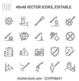 Simple vector line icons. On Vaccine Theme Contains Icons Such As Vaccination, Medicines, Covid 19, Covid Vaccine, Virus, Nurse, More.