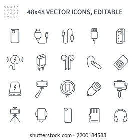
Simple vector line icons. On the topic of accessories for phones Contains such values ​​as a charger, wireless charger, headphones, protective glass, tripod, selfie stick and others.
