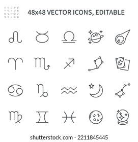 Simple vector line icons. On the theme of the horoscope contains such icons as virgo, cancer, libra, taurus, aquarius, tarot cards, stars, divination ball and more.