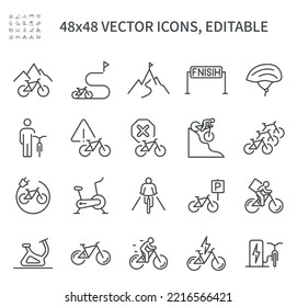 Simple Vector Line Icons. On The Theme Of Bicycles Consists Of Such Icons As Finish Line, Trainer, Electric Bike, Helmet, Charging, And Others.