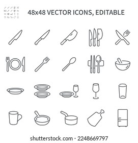 
Simple vector line icons. On the theme of dishes, contains such icons as cutlery, knife, plate, fork, spoon, refrigerator, frying pan, dishes and others.