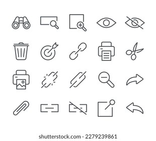 Simple vector line icons. On the theme, different icons contain such as cut, connect, printer, reduce, attach, recycle bin, pin, memo, target and others.