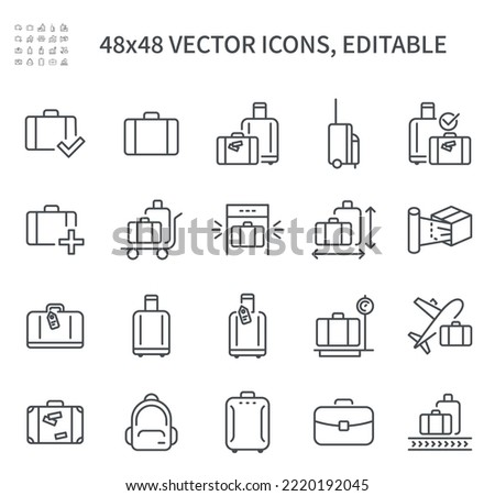 
Simple vector line icons. On Luggage Theme Contains Such Icons As Bags Size, Backpack, Air Baggage, Check And More. Stock foto © 