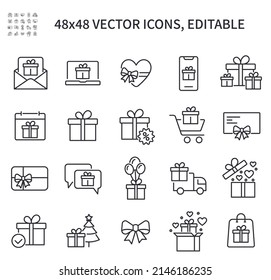 Simple vector line icons related to gift boxes. Contains such icons as heart shaped gift, bow, balloons, discounts, gift phone, and more.