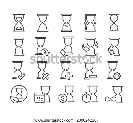 Simple vector line icons related to hourglass. Contains such Icons as hourglass, time period, time setting, waiting, cost and more.
