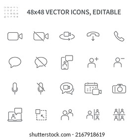 Simple vector line icons. The video conference theme contains icons such as zoom in on the screen, rotate the camera, mute or unmute the microphone, add a partner, and more.