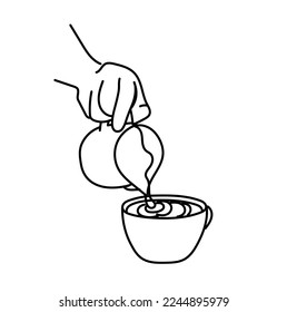 Simple Vector Line Illustration of Barista Pouring Latte