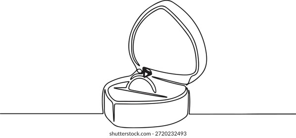 Simples ilustração de linha vetorial de um anel de noivado de diamante que descansa dentro de uma caixa romântica em forma de coração aberto, simbolizando proposta e amor.