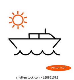 Simple vector line illustration of a small water boat jumping over the sea and the orange sun at sunrise, a flat linear icon.