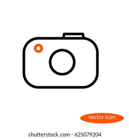 Simple vector line image of the camera with an orange eye, linear icon, flat style.