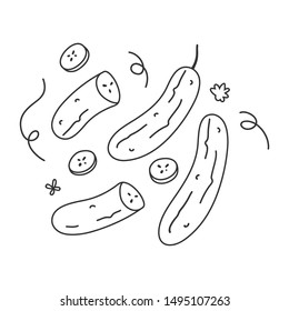 Simple vector linear hand drawn illustration of cucumber ingredient with slices. Trendy flat naive style handdrawn drawing of vegetable. healthy diet cooking ingredient, black and white line art.
