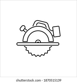 A simple vector linear icon indicating a construction tool. Cutting circular saw on wood from the network.