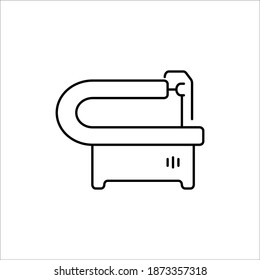 A simple vector linear icon that points to a construction tool. Stationary jigsaw machine for wood and metal processing