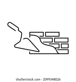 Simple vector linear illustration of a brick wall and a construction wizard, a flat line icon and trowel and wall build
